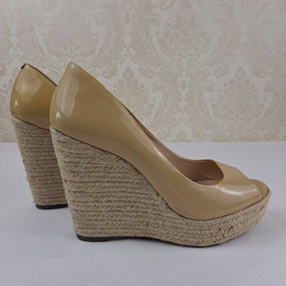 Vince Camuto Totsi Size 8M Nude Patent Leather Espadrille Wedge Heels Peep Toe - Picture 6 of 13
